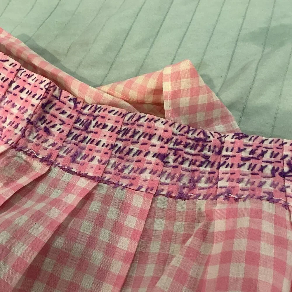 Vintage Pink Gingham Half Apron Purple Embroidery Pocket 70” Waist Ties